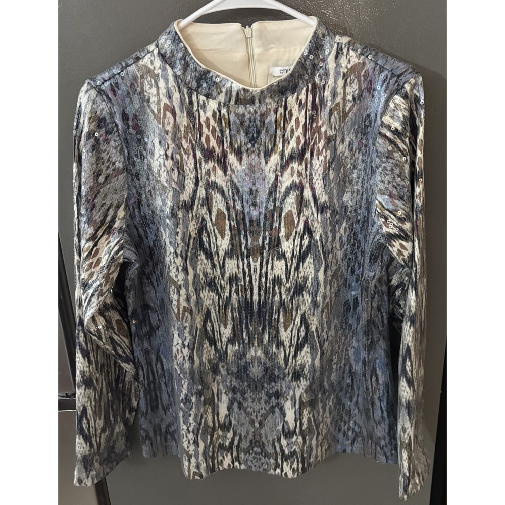Chicos Size 1 Sequin Reptile Snakeskin Long Sleeve‎ Top Party Glam New Cocktail